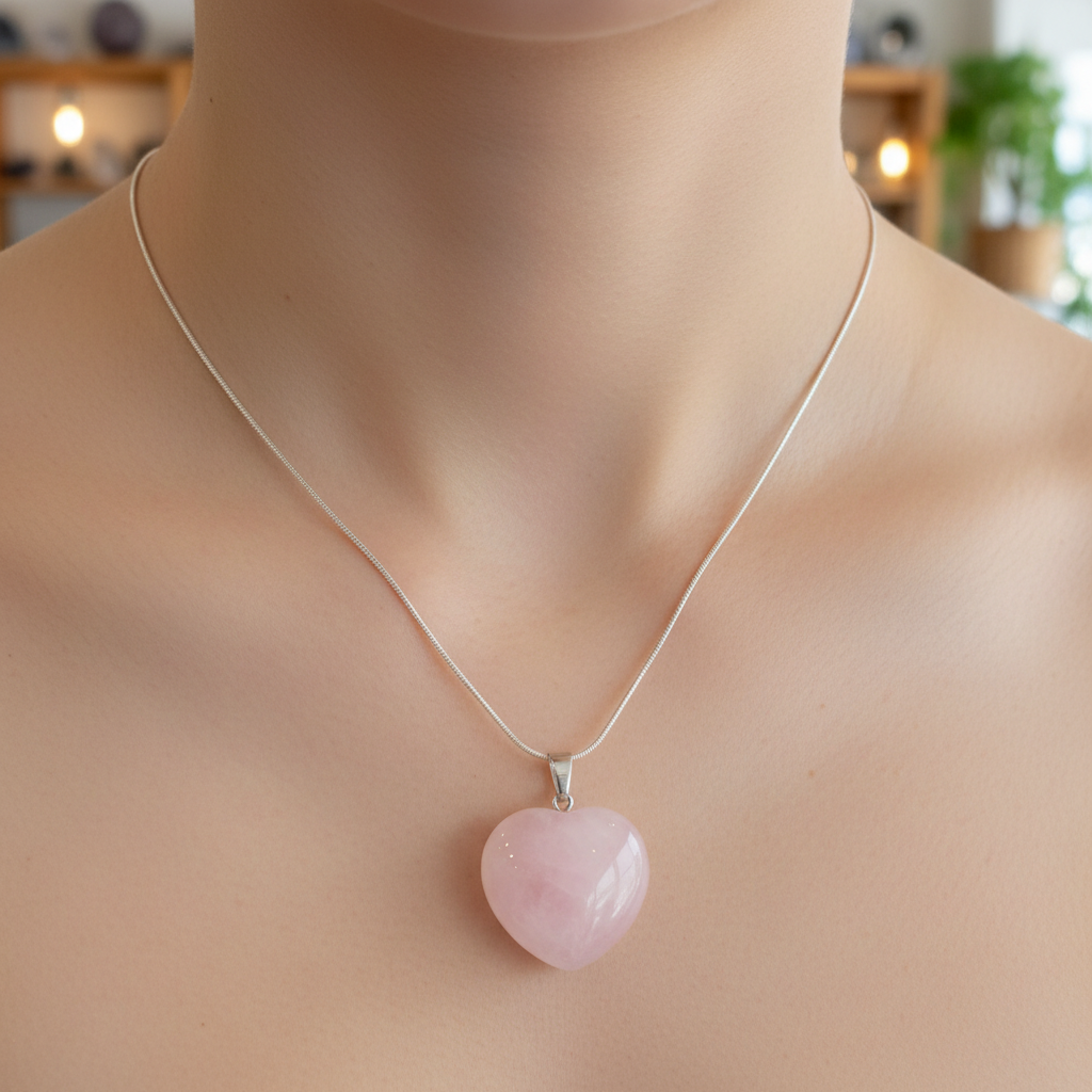 Rose Quartz heart pendant displayed in a styled setting