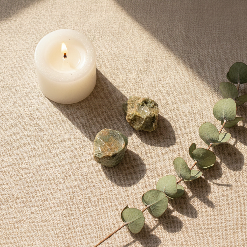 Rough Chrysoprase Chunks natural crystal displayed in a calm styled setting