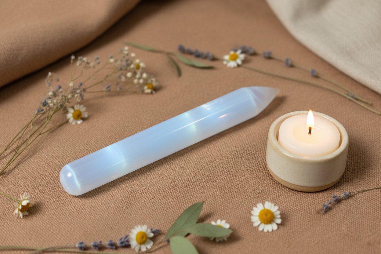 Selenite Massage Wand Point displayed in a calm styled setting