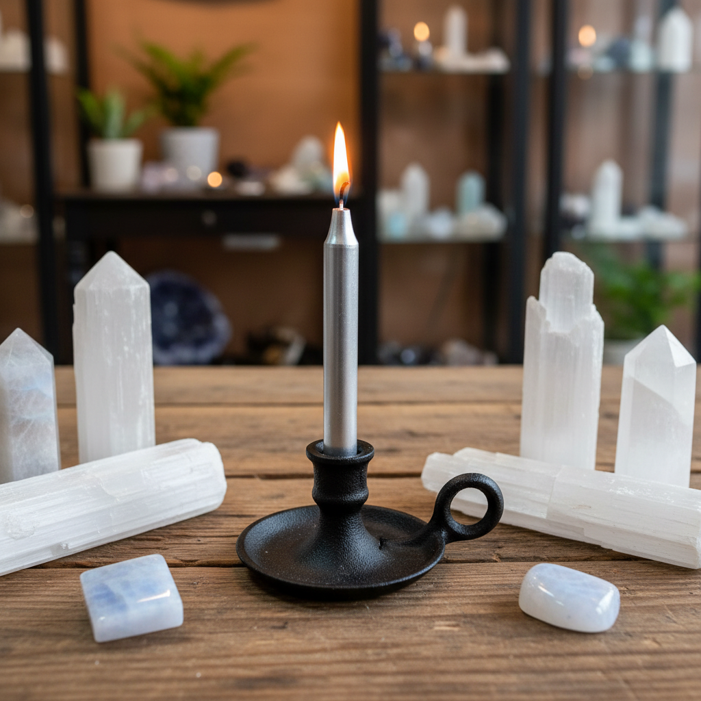 Silver 4-inch ritual chime candle displayed in a black cast iron holder