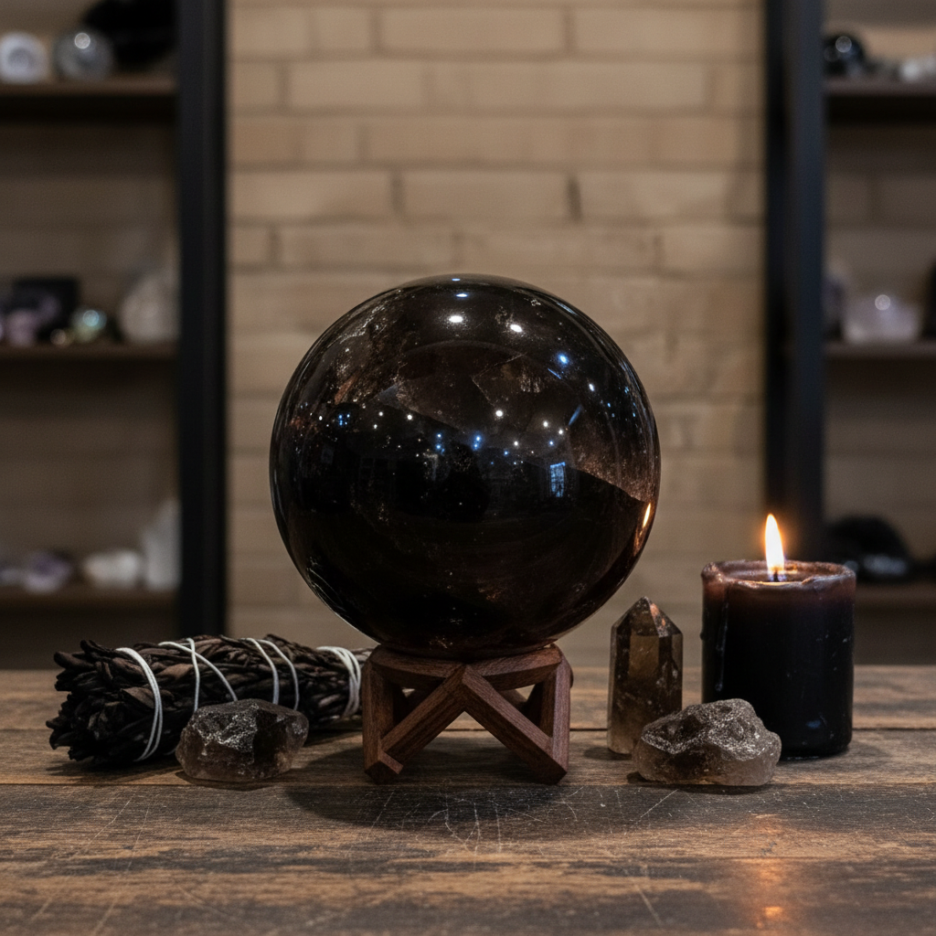 Polished Smoky Quartz sphere, approximately 2.7–3 inches displayed in a calm styled setting