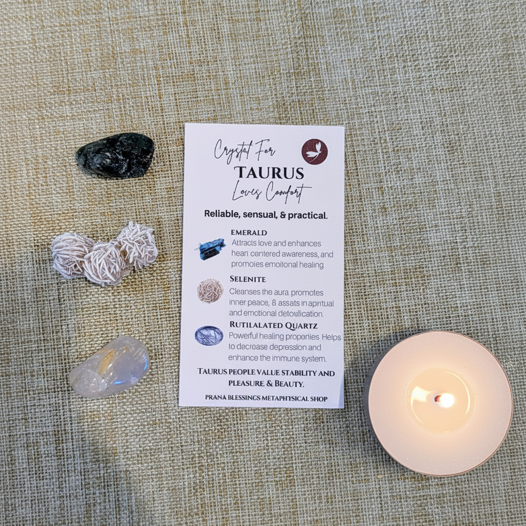 Taurus Zodiac Set arranged in a flat lay with its three crystals.