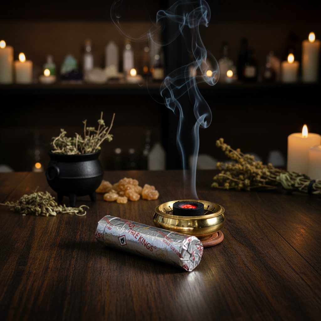 Three Kings charcoal tablets arranged for burning resin incense