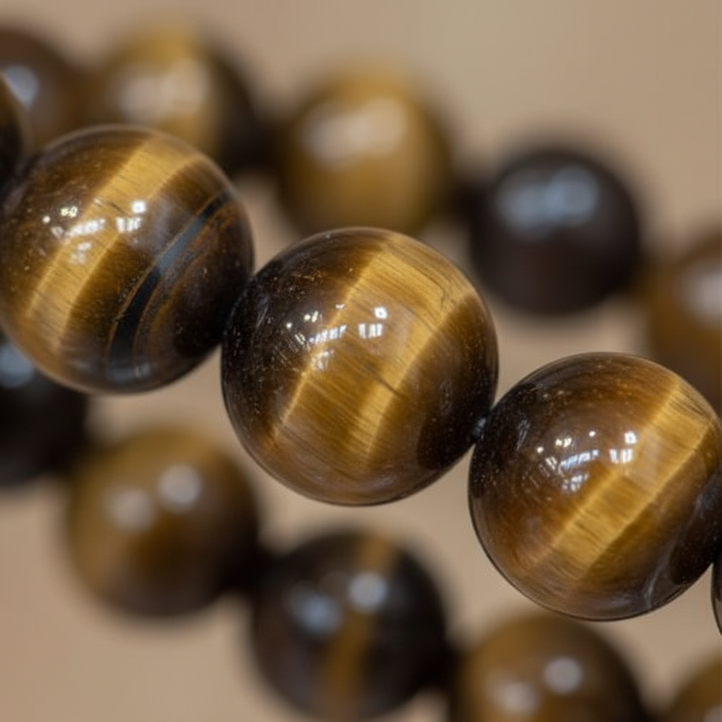Close-up of golden-brown Tiger’s Eye beads showing natural banding and chatoyancy