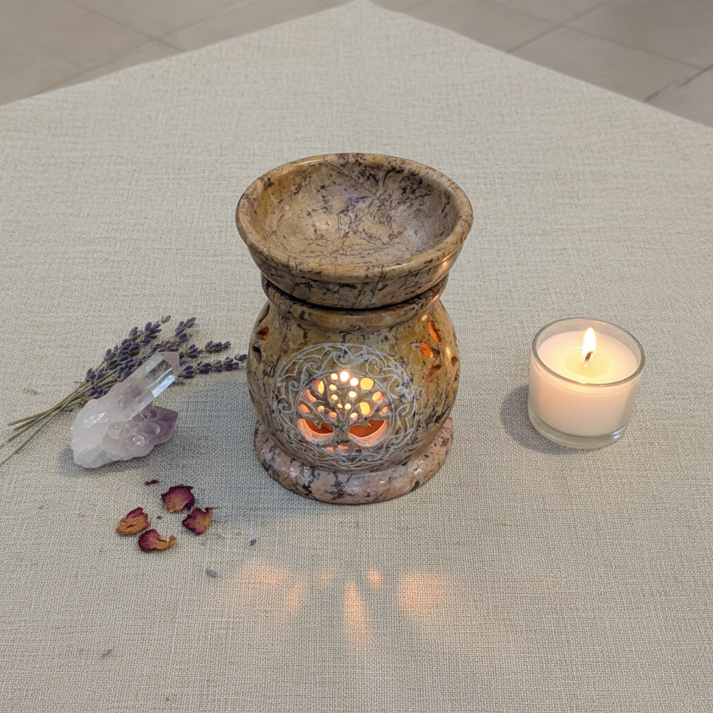 Tree of Life soapstone aroma oil burner glowing in a styled home setting