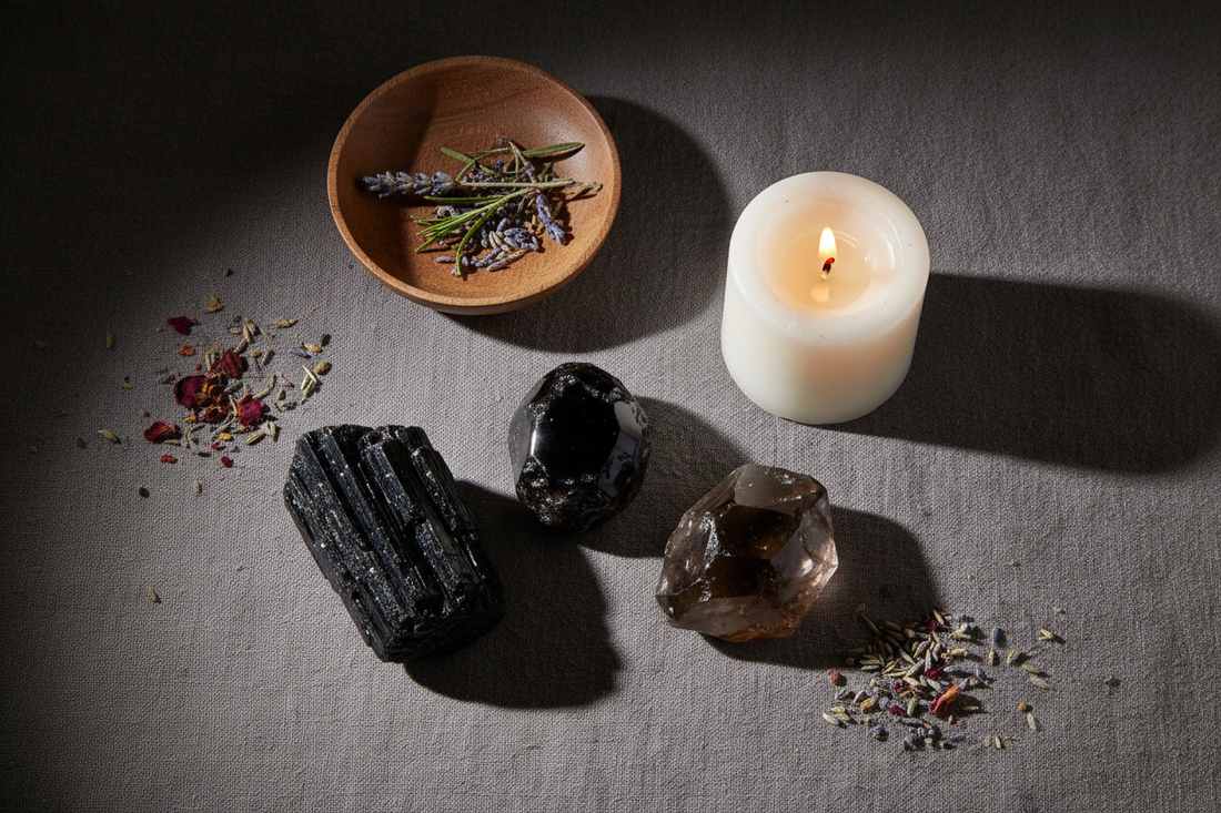 Black Tourmaline, Obsidian, and Smoky Quartz crystals arranged in a moody atmospheric flat lay with a lit white pillar candle and earthy props