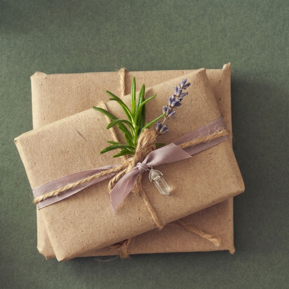 Three stacked gift boxes wrapped in natural brown kraft paper, tied with twine and a dusty lavender ribbon, decorated with a small sprig of green leaves and a lavender stem, on a dark green background.