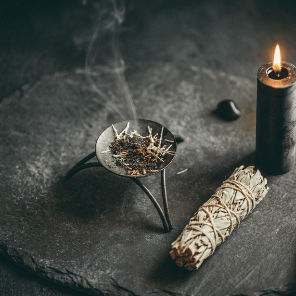 A smudge bundle wrapped in natural fiber lies beside a small metal incense holder with burning dried herbs and a lit black candle on a dark stone surface.