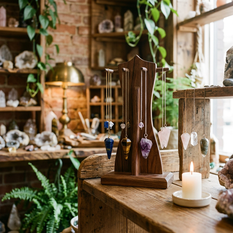 Lifestyle collection image draft: crystal pendulums displayed in a warm crystal shop with brick walls, plants, and a lit candle