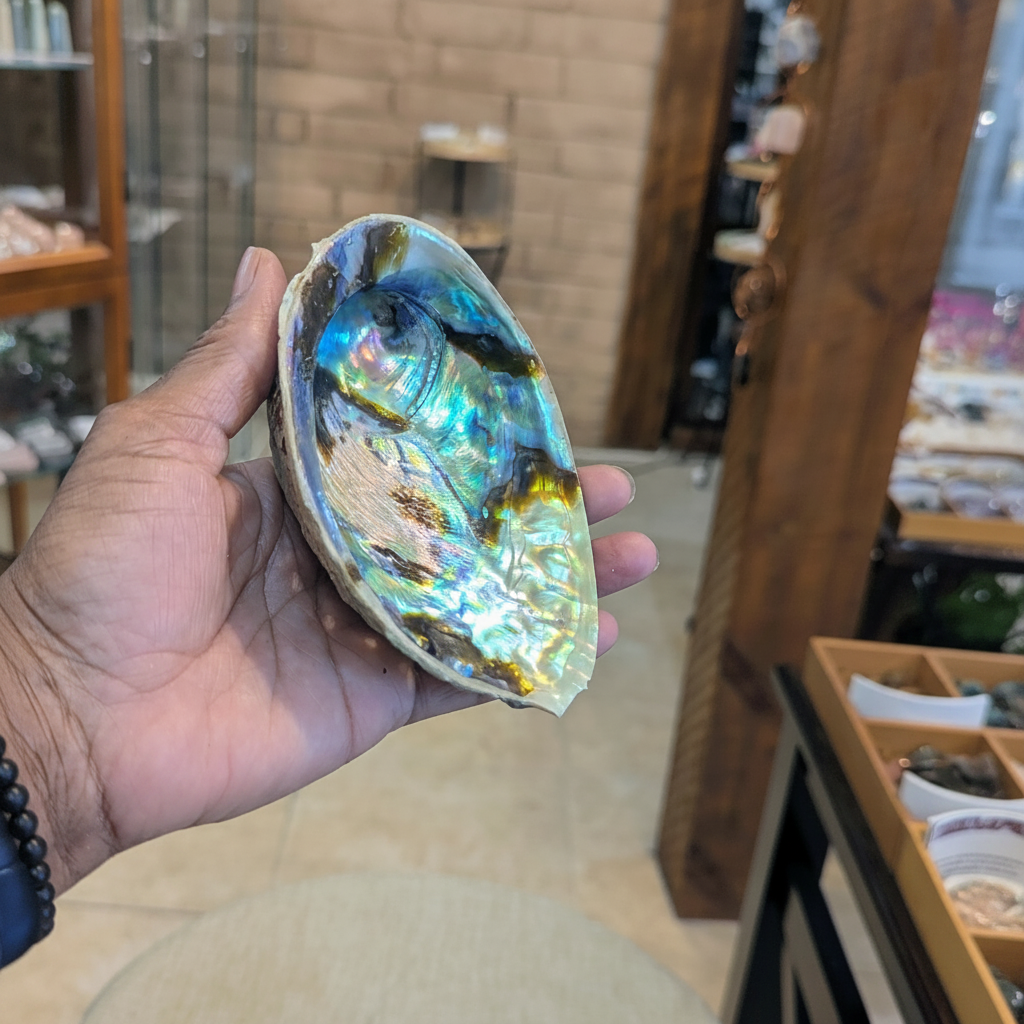 Six-inch abalone shell held in hand to show scale