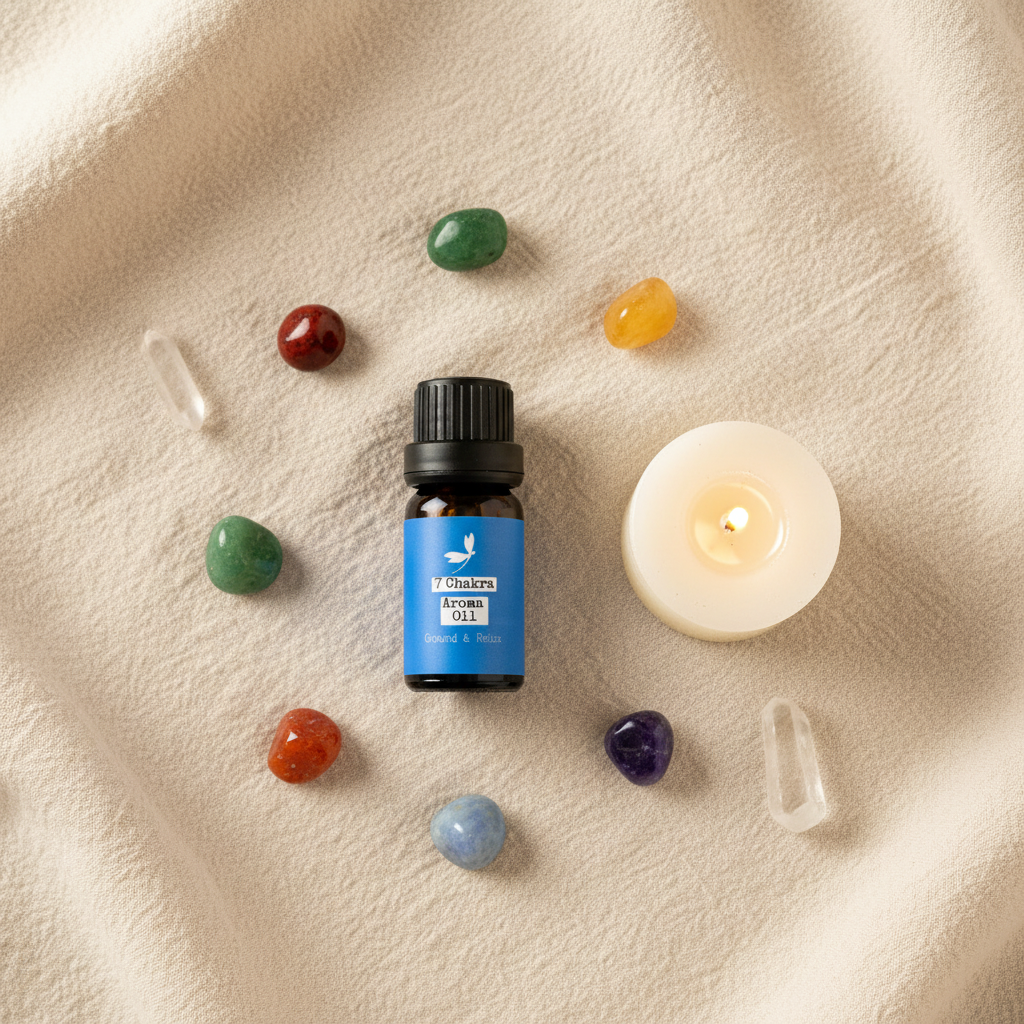 Overhead flat-lay view of Prana Blessings 7 Chakra Aroma Oil 10 mL bottle