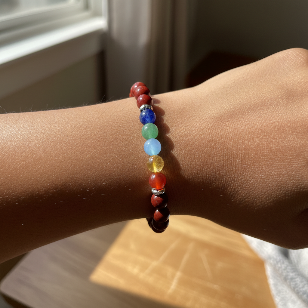 Lifestyle view of a 7 Chakra gemstone bracelet accented with Red Jasper