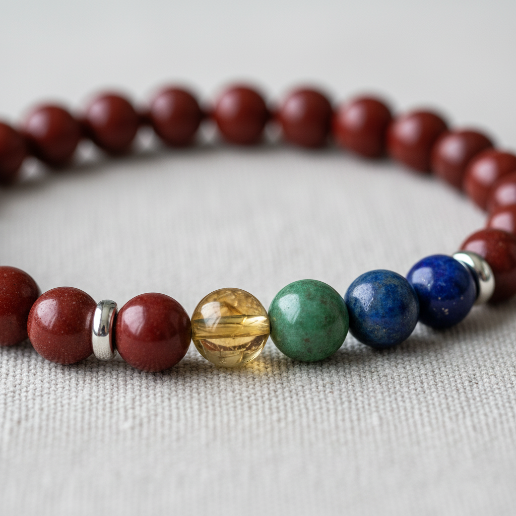 Close-up detail of multicolor 7 Chakra gemstone beads and Red Jasper