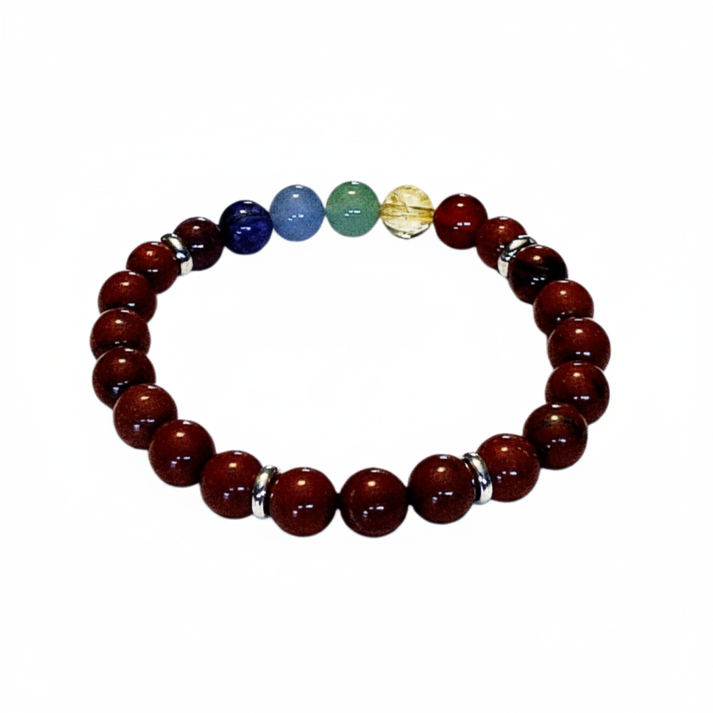 7 Chakra bracelet with multicolor gemstone beads and Red Jasper on a white background