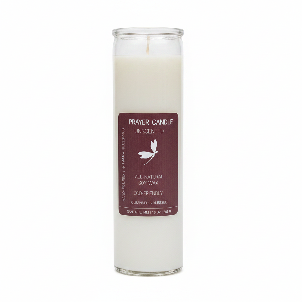 Unscented white 7-day prayer candle in a clear glass jar on a white background