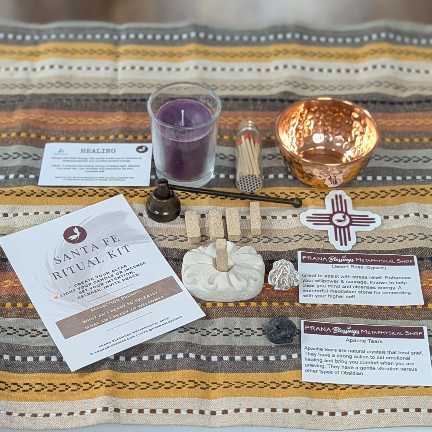 Santa Fe Ritual Kit displayed as a portable altar on a Southwest-inspired cloth