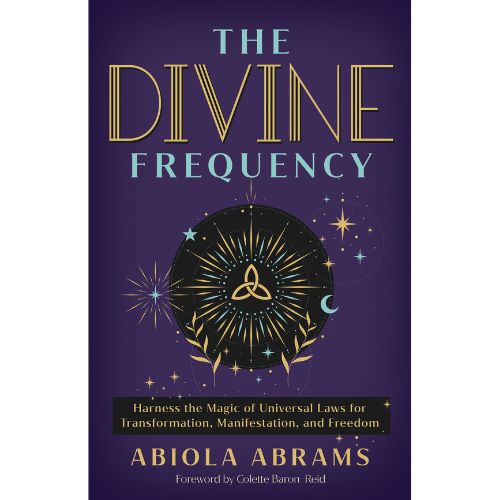 The Divine Frequency by Abiola Abrams — book cover featuring gold celestial typography and a triquetra symbol on a deep purple background