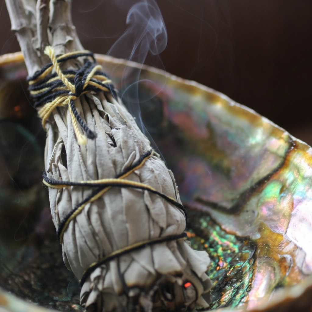 Natural abalone shell holding smoldering sage for smoke cleansing