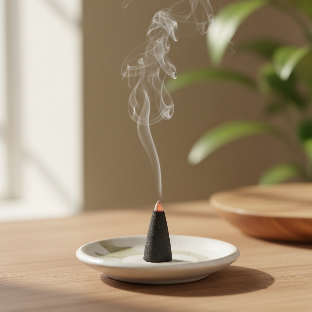 Abundance incense cone burning in an intention-setting scene