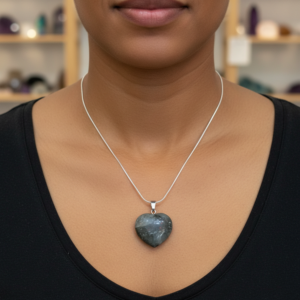 African Bloodstone heart pendant displayed in a styled setting