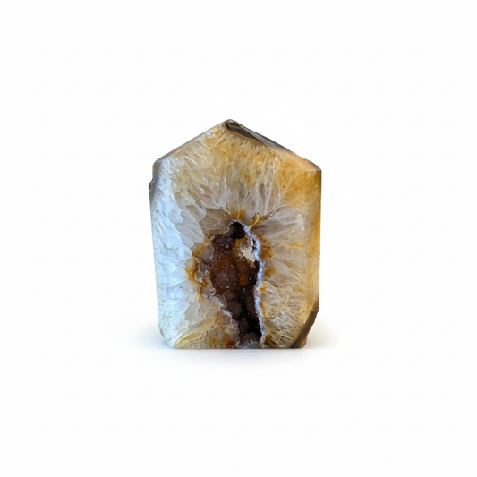 One-of-a-kind 4.5-inch golden-brown Agate Druze tower on a white background