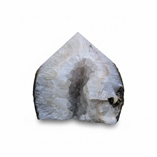 One-of-a-kind 3.25-inch white and gray Agate Druze tower on a white background