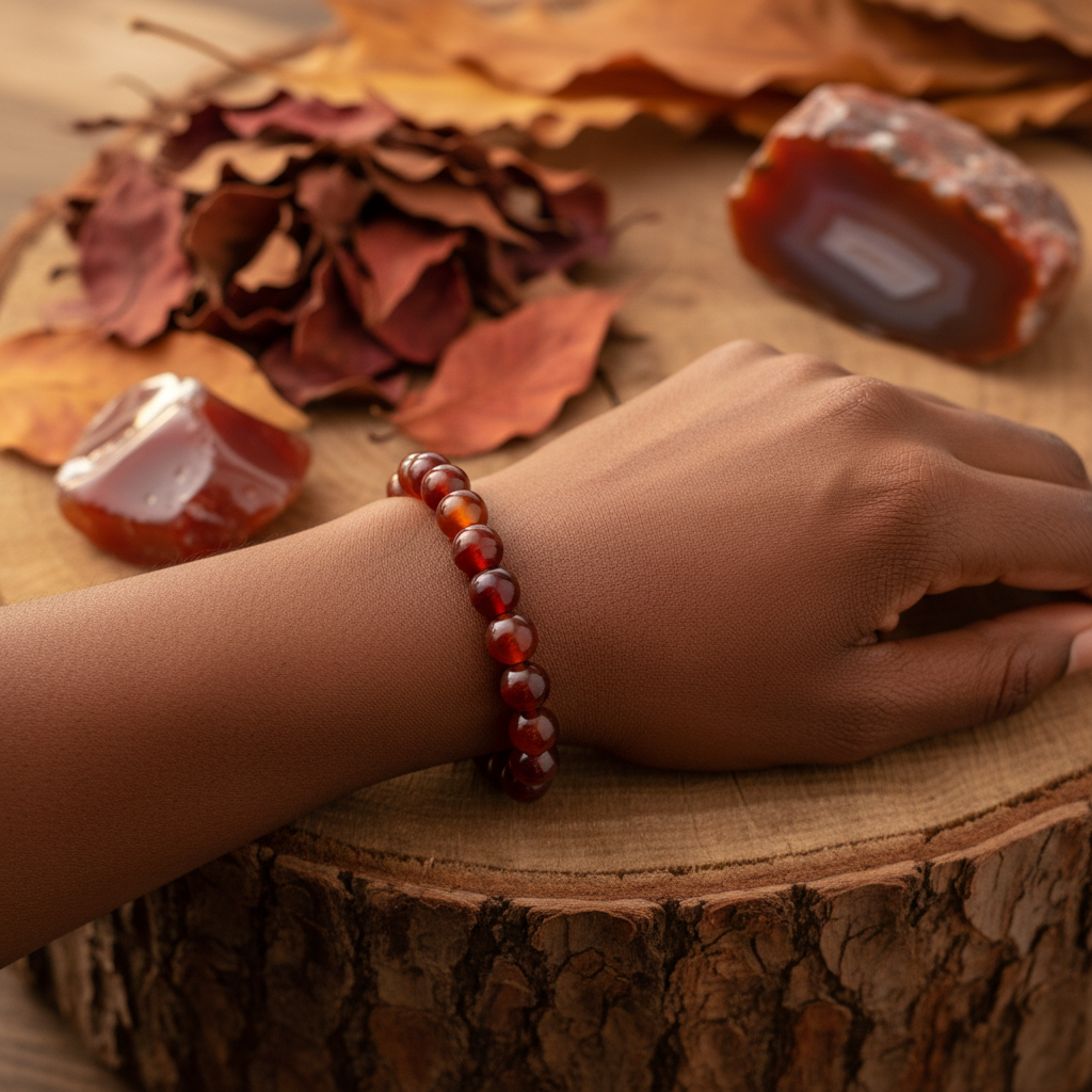 Agate 8mm bracelet worn on wrist with dried autumn leaves and raw agate stones in background — Prana Blessings