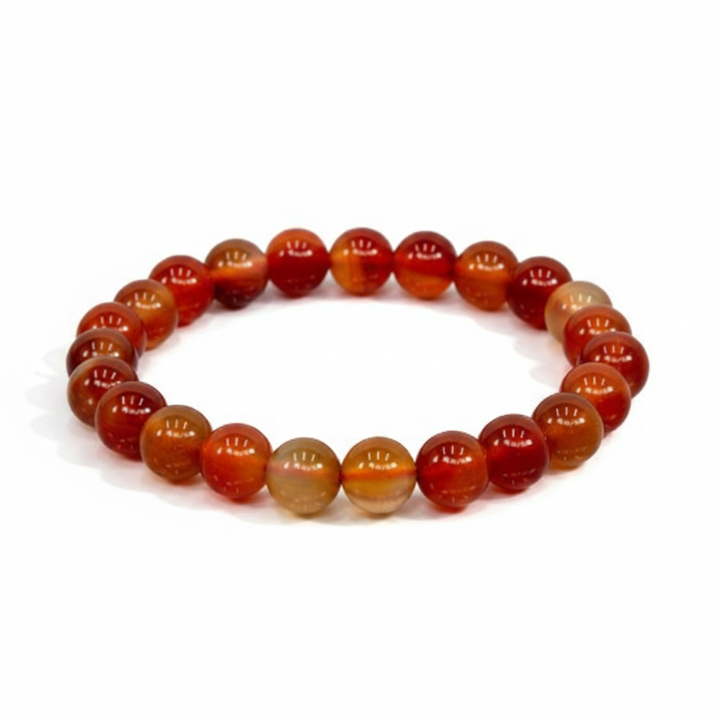 Agate 8mm beaded bracelet on white background — rich red and amber banded natural stone crystal bracelet by Prana Blessings