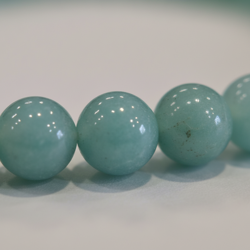 Close-up of Amazonite 4mm bracelet beads showing soft teal and seafoam green stone with natural white veining — Prana Blessings