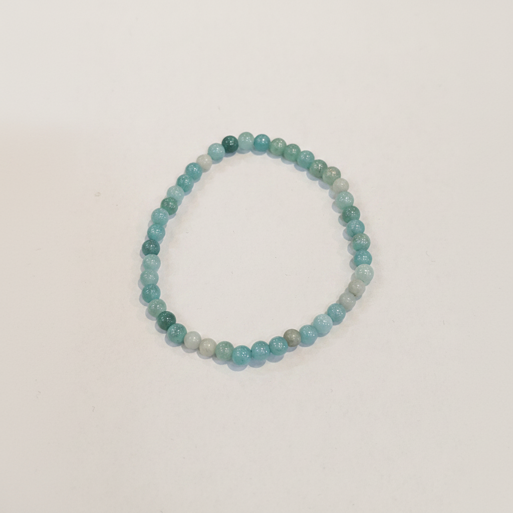 Amazonite 4mm beaded bracelet on white background — delicate soft teal and seafoam green natural stone crystal bracelet by Prana Blessings