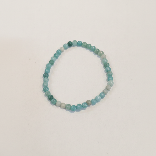 Amazonite 4mm beaded bracelet on white background — delicate soft teal and seafoam green natural stone crystal bracelet by Prana Blessings