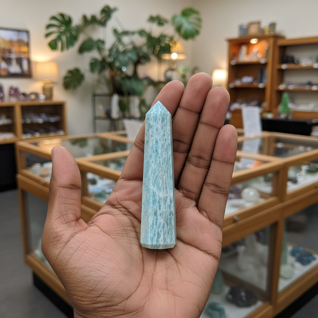 Amazonite obelisk displayed upright in a softly styled lifestyle setting