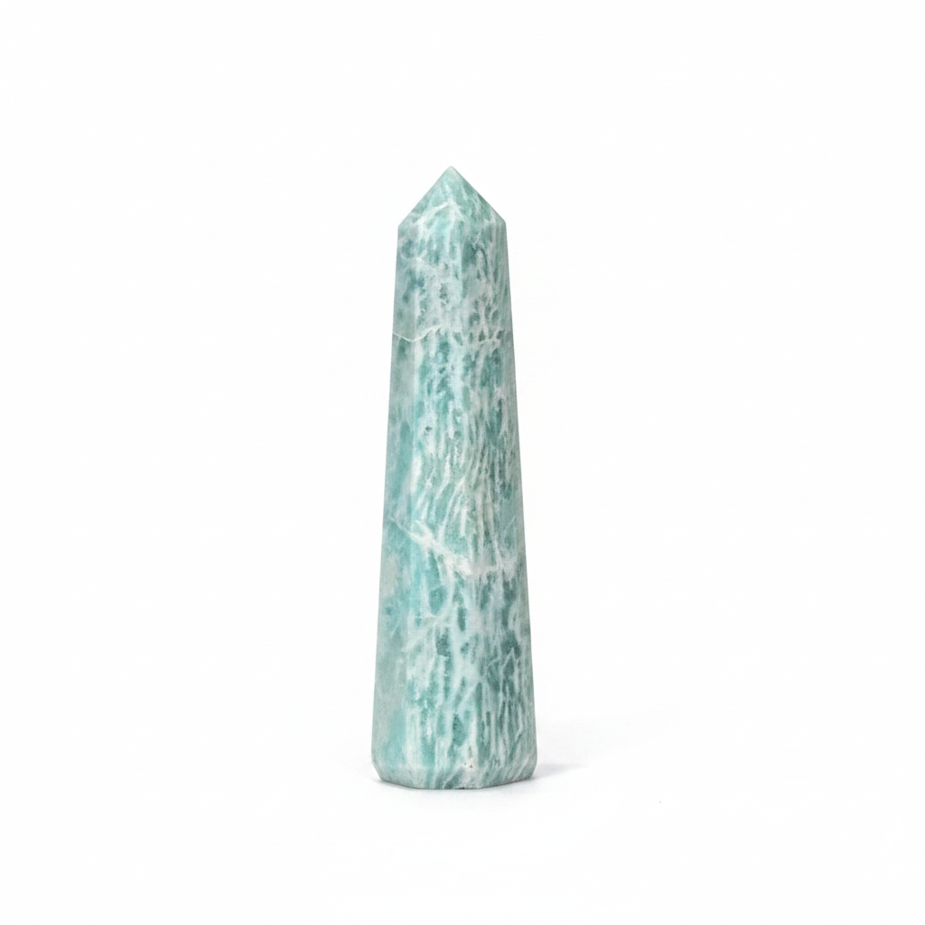 Polished blue-green Amazonite obelisk, approximately 3 to 4 inches tall, on a white background
