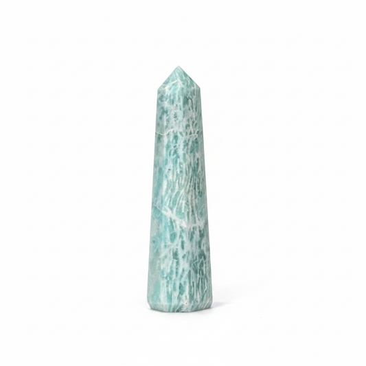 Polished blue-green Amazonite obelisk, approximately 3 to 4 inches tall, on a white background