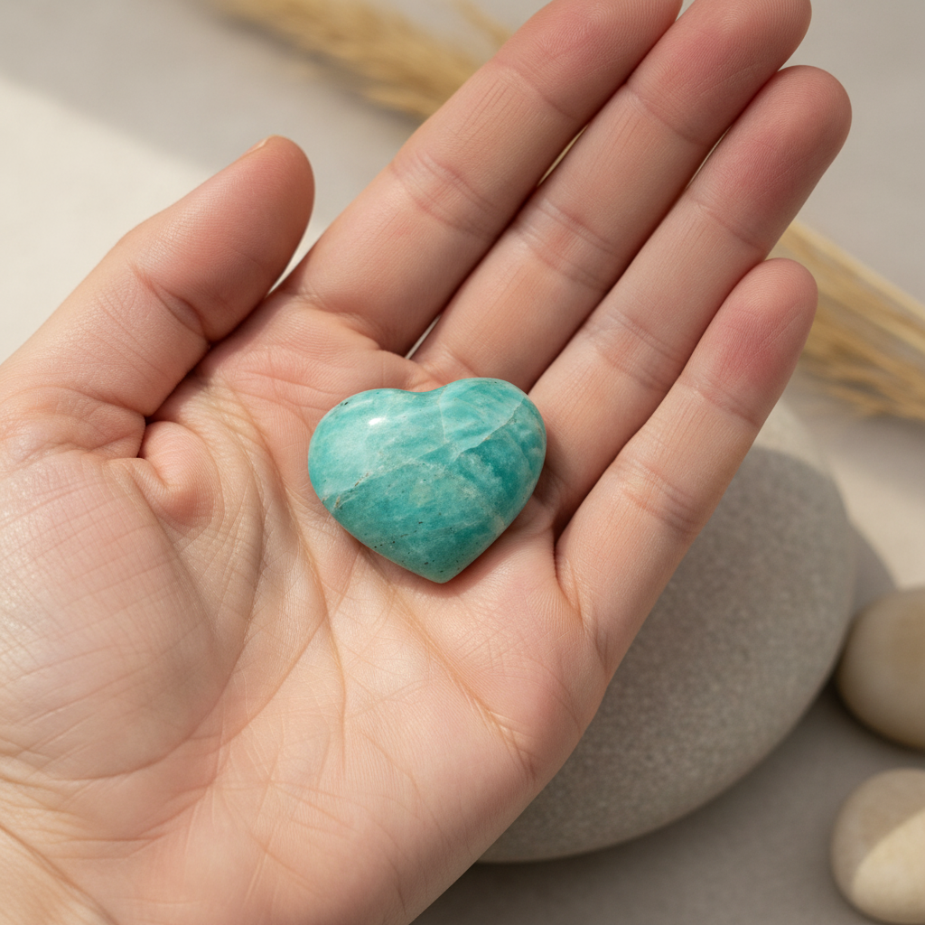 Amazonite Small Heart displayed in a calm lifestyle setting for scale and styling inspiration.