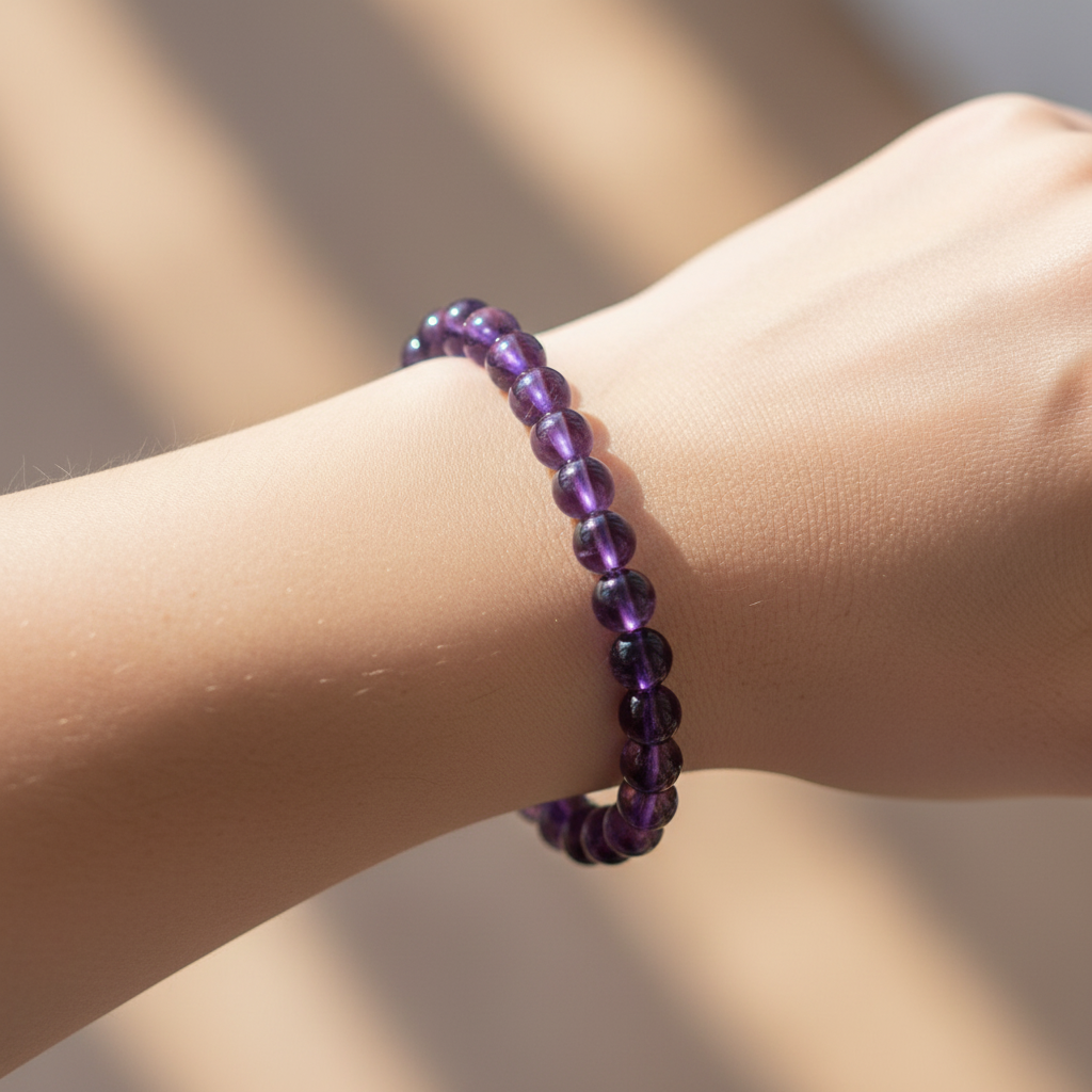 Large Amethyst 8.5-inch bracelet shown in a styled lifestyle setting