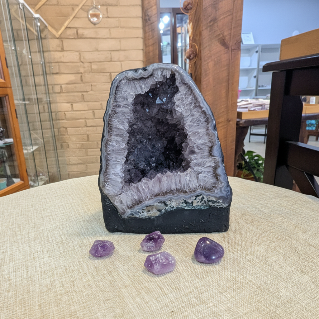 AC2 natural Amethyst Cathedral with violet crystal interior displayed in a calm styled setting