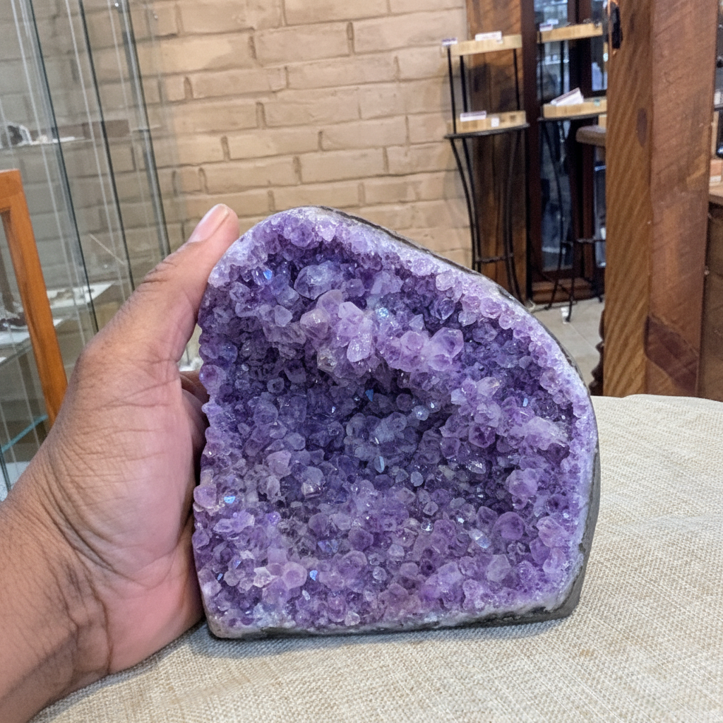 Large Uruguayan Amethyst cluster No. 5 with polished cut base held in hand to show approximate scale
