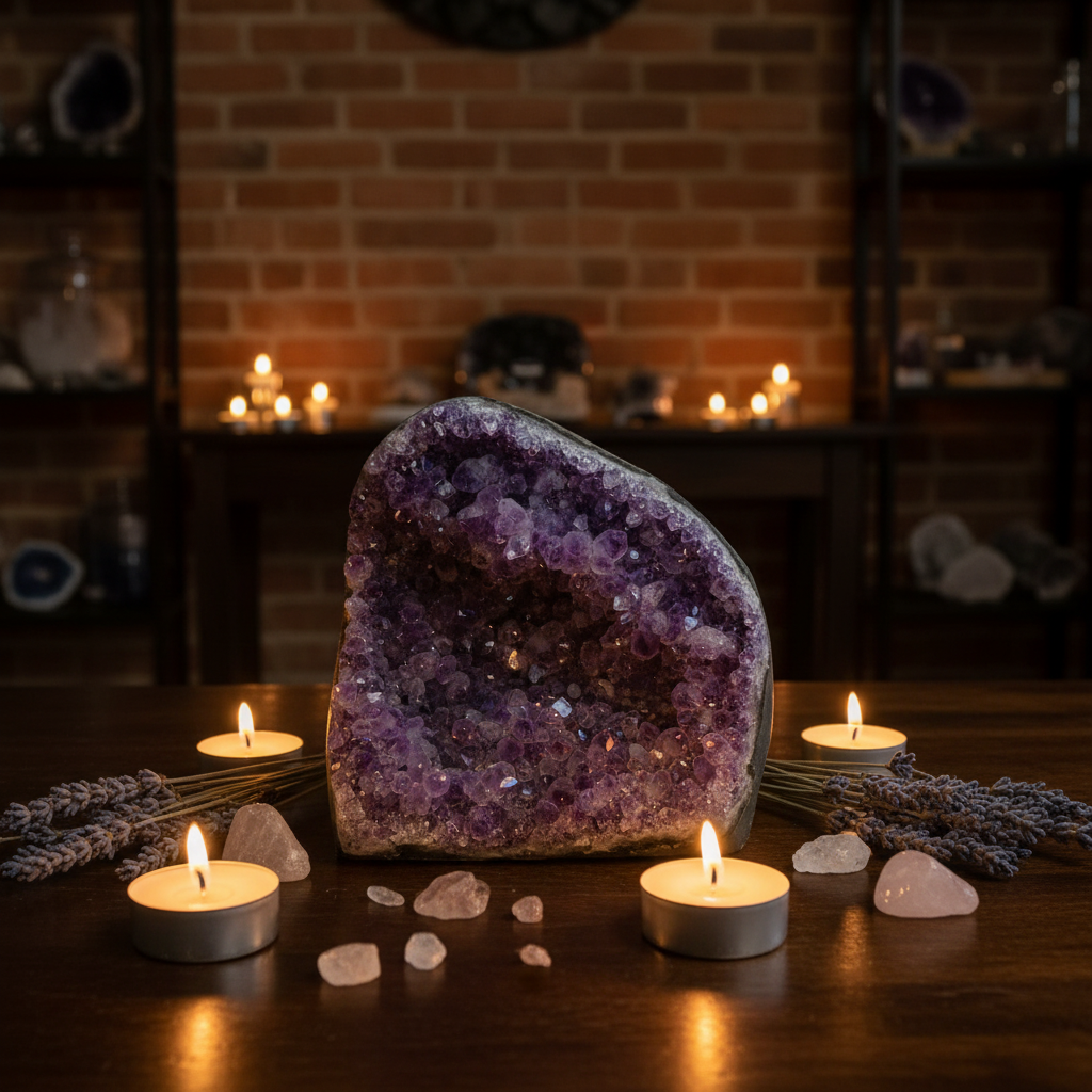 Large Uruguayan Amethyst cluster No. 5 with polished cut base displayed in a calm styled setting
