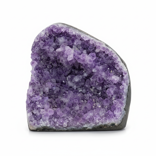 Large Uruguayan Amethyst cluster No. 5 with polished cut base on a clean light background