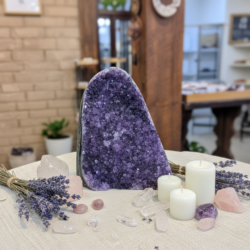 Extra-large Uruguayan Amethyst cluster No. 6 with polished cut base displayed in a calm styled setting