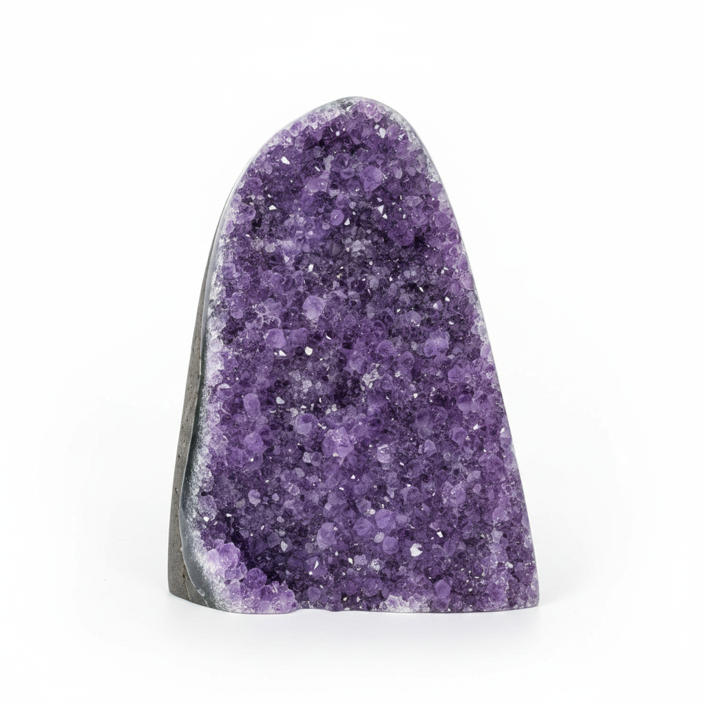 Extra-large Uruguayan Amethyst cluster No. 6 with polished cut base on a clean light background