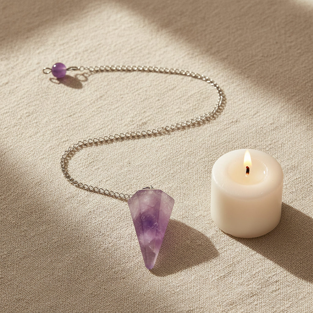 Purple Amethyst pendulum and chain arranged in a flat lay