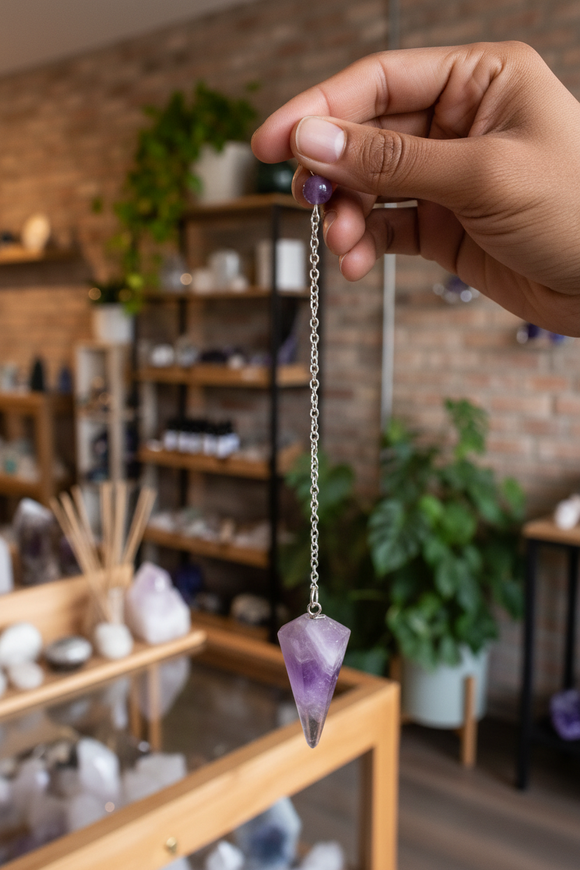 Amethyst pendulum held by its chain for scale