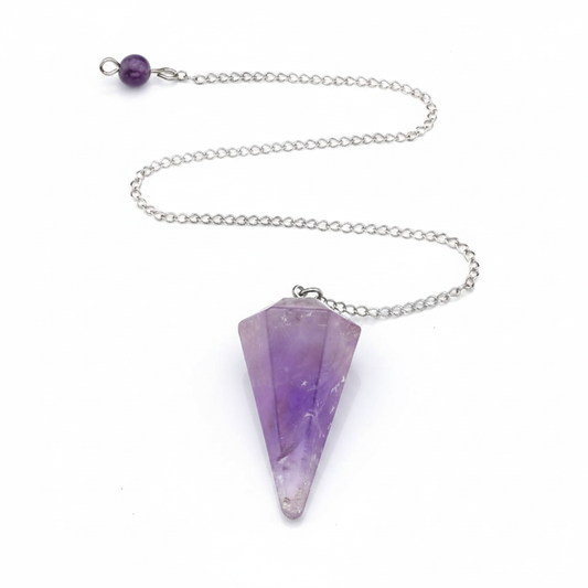Natural Amethyst crystal pendulum on a white background