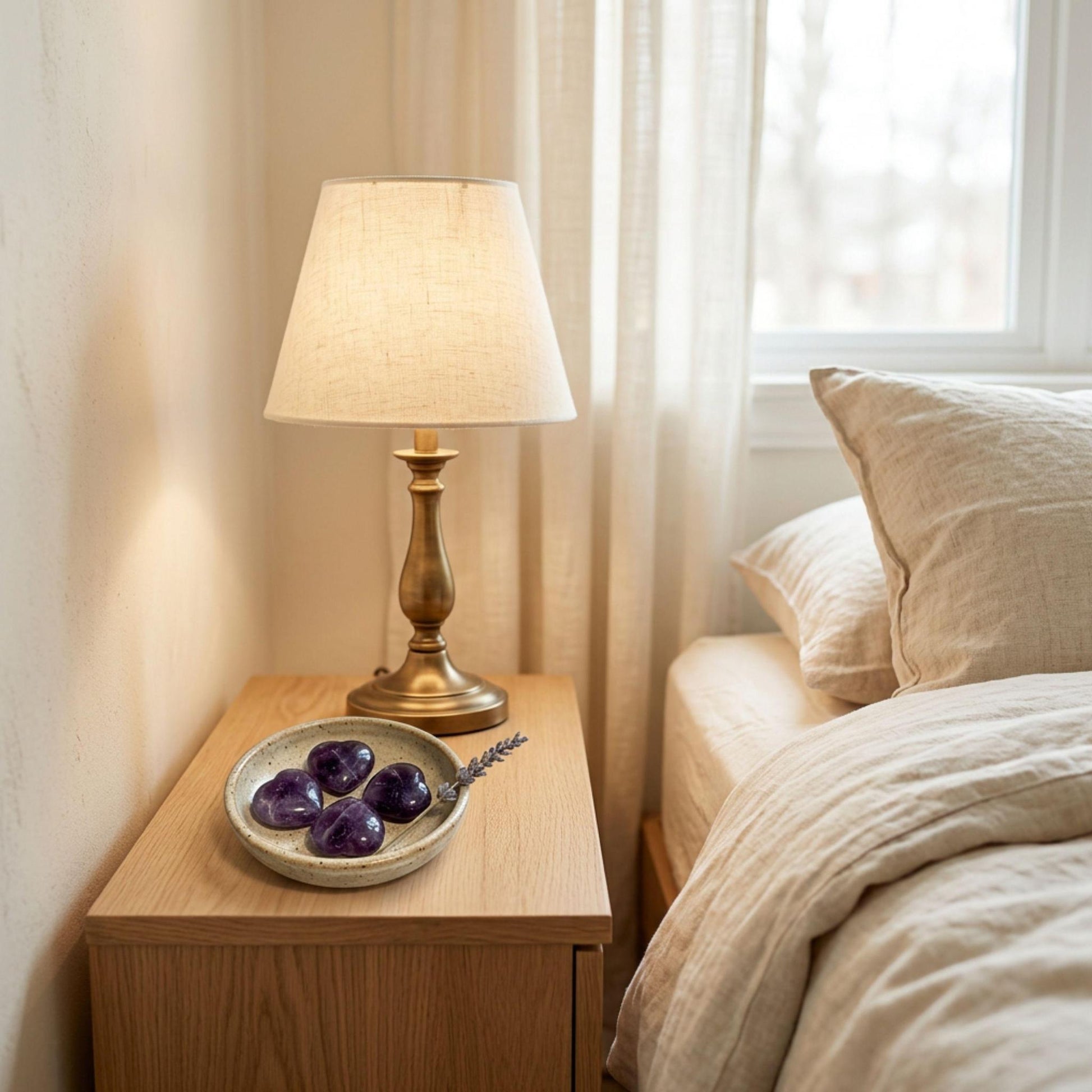 A lit table lamp with a beige fabric shade and a brass-toned base sits on a wooden nightstand beside a bed with beige linens and pillows. A shallow bowl with purple amethyst heart stones is also on the nightstand.