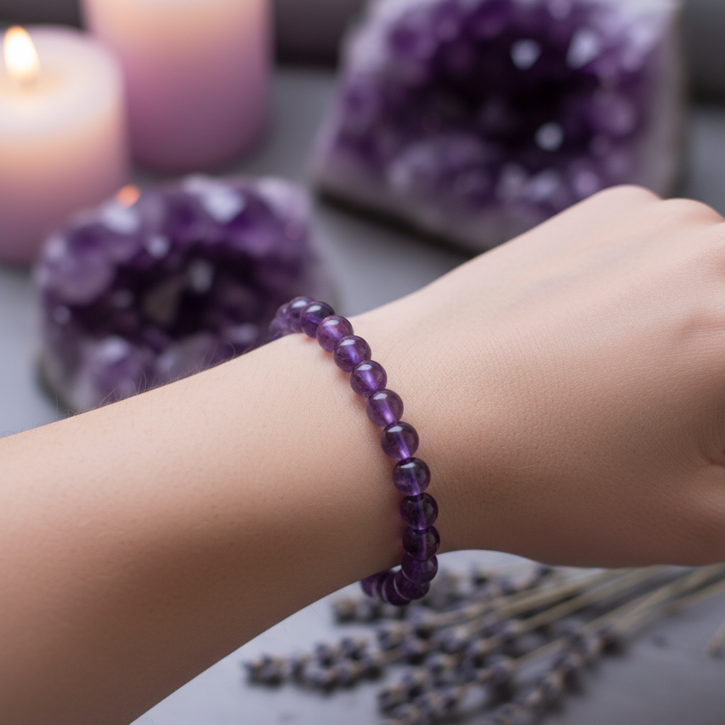 Amethyst 8mm bracelet worn on wrist in soft candlelight with amethyst clusters and dried lavender in background — Prana Blessings