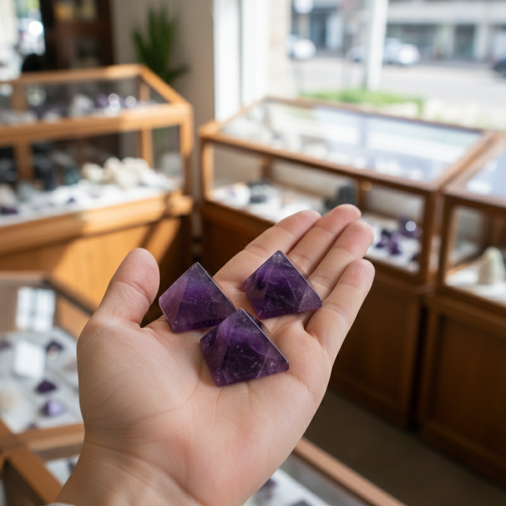 Amethyst Pyramid displayed in a calm lifestyle setting