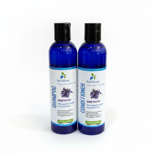 Amethyst Lavender Shampoo and Conditioner bottles on a white background