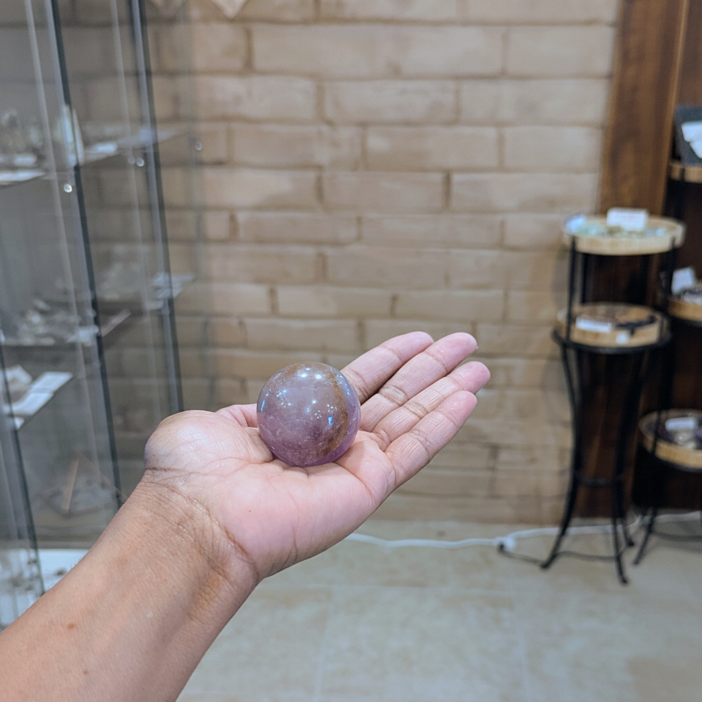 Polished 30–40mm Amethyst sphere held in hand to show approximate scale